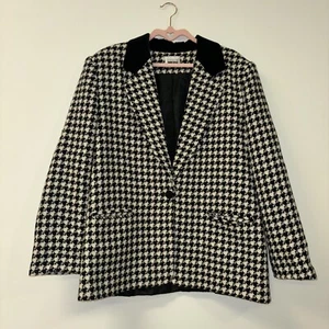 Leslie Fay VTG Blazer Jacket Womens Size Lg 10 Tweed Black White Houndstooth - Picture 1 of 4