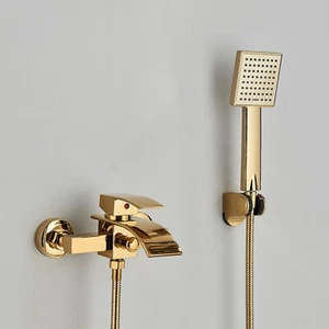 Gold Badewannenarmatur set Wasserfall Bad Wasserhahn Mischbatterie mit brasue - Picture 1 of 10