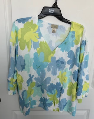 Suéter Pullover Sigrid Olsen Mujer 1X Plus Floral Cuello en V Azul Pastel Tejido Foto 1 de 3