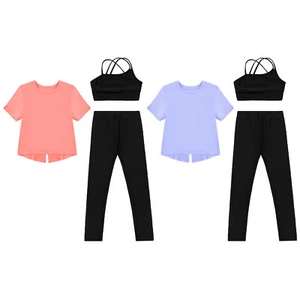 Kids Girls Shirts With Crop Tops And Pants Solid Color Sportswear Gym Costume - Picture 1 of 23