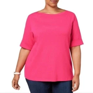 Karen Scott Women’s Plus Size 0X Cotton Boat-Neck Top Bright PInk Elbow-Length - Picture 1 of 7