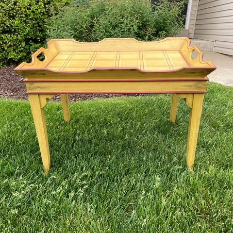 Vintage Mid Century Painted Pine Butlers Tray Coffee Table Oriental Accent Label Cover