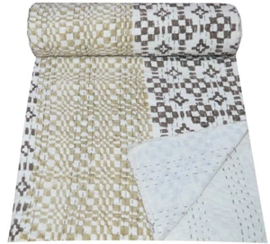 Indian Hand Block Print Kantha Quilt Bedding Bedspread Blanket Throw Cotton Gudr - Picture 1 of 5