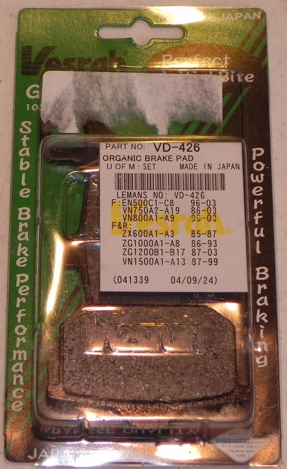 Pastillas de freno delanteras traseras Vesrah orgánicas para muchas bicicletas de calle Kawasaki 1980-2009 Foto 1 de 1
