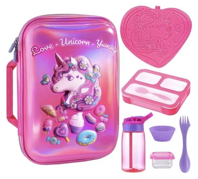 女孩 3D 独角兽午餐盒包套装便当套装蹒跚学步的孩子学校午餐用品 — 第 1/3 张图片