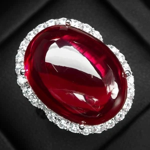925 Sterling Silver White Gold Rings Classically Blood Red Ruby Cabochon 28.80Ct - Picture 1 of 9