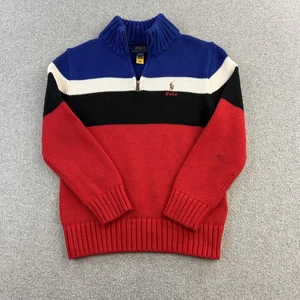 Polo Ralph Lauren Sweater Boys 7 Blue Red Black Stripe Knit Quarter Zip Pullover - Picture 1 of 15