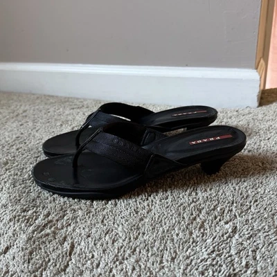 Vintage Prada Leather Sandal Pumps Sport Kitten Heels Size 8 Made In Italy Black - Image 1 of 4