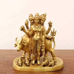 Dattatreya Statue Brahma Vishnu Mahesh Trimurti Kamadhenu Cow Pooja Idol Gift - Picture 1 of 4
