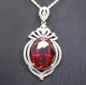 Halo Pendant 2Ct Oval Cut Lab Created Red Ruby in 14K White Gold Plated - Picture 1 of 7