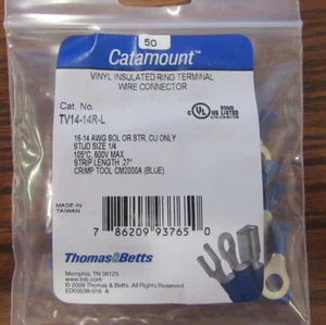 Pack of 50 THOMAS & BETTS RING TERMINAL CRIMP CONNECTOR FOR 1/4" Stud 16-14 AWG - Picture 1 of 2