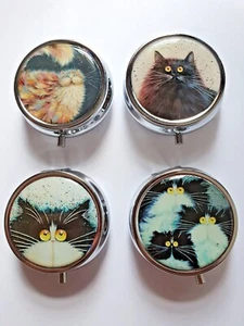 Kim Haskins Cat Design Pill Box Storage Travel Pocket Size Pill Tablet Case - Picture 1 of 17
