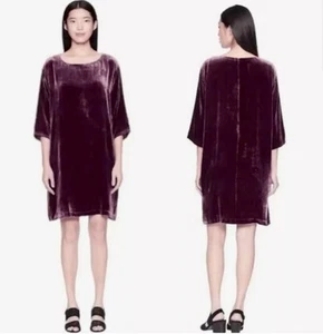 Eileen Fisher Velvet Deep Purple Mini Dress Tunic M Fairy Grunge Witchy Silk - Picture 1 of 10