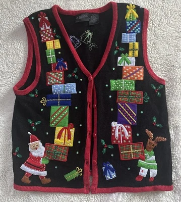Chaleco Suéter Navidad Lentejuelas Cuentas Reno Papá Noel De Colección En Recursos P L Foto 1 de 4