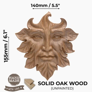 Arte de pared Green Man - Cara de hoja de roble tallada a mano con percha - Decoración de jardín pagana - Imagen 1 de 7