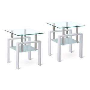 2 pieces White Tempered Clear Glass End Table, 2-Layers Small Table with Storage - Picture 1 of 6
