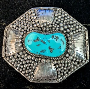 Fibbia per cintura vintage Navajo in argento sterling con perline pietre turchesi. - Foto 1 di 3
