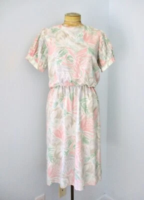 Vtg 80s Peach Green Tropical Palm Beach Floral Secretary Dress Pleated Sleeve 10 - Image 1 of 4