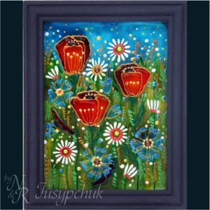 Pintura Popular Ucraniana Tradicional Sobre Vidrio Hecho a Mano Enmarcado Decoración de Pared 11x14cm - Imagen 1 de 5