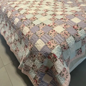 Vintage Patchwork Quilt Blanket Pastel Color Floral Striped Cottagecore 62x72 - Picture 1 of 9