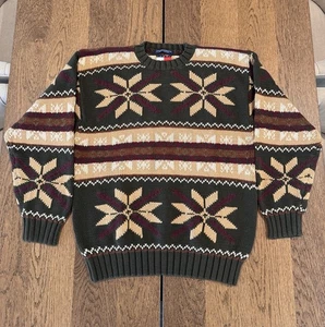 Vtg 90's Tommy Hilfiger Knit Nordic Fisherman Sweater Men’s Sz L Hunter Green - Picture 1 of 8