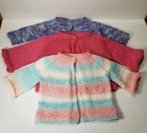 3 Pk Hand Knit Cardigan Sweaters Top Snap Pink Blue Striped Baby 6-12 Mo - Picture 1 of 10