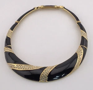 Vintage Runway Monet 80s Black Enamel Rhinestone Modernist Chic Necklace. #959 - Picture 1 of 11