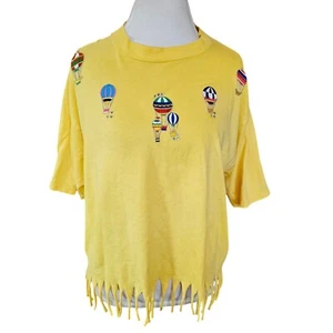 Vintage 90s Womens XL Tshirt Fringe Yellow Patch Hot Air Balloon Embellished Top - Picture 1 of 12
