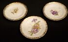 3 Antique Floral Butter Pats White Gold Trim 3" Pansy Design Scalloped Edge