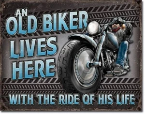 Motorcycle Old Biker Lives Here Harley Service Funny Wall Decor Metal Tin Sign - Picture 1 of 4