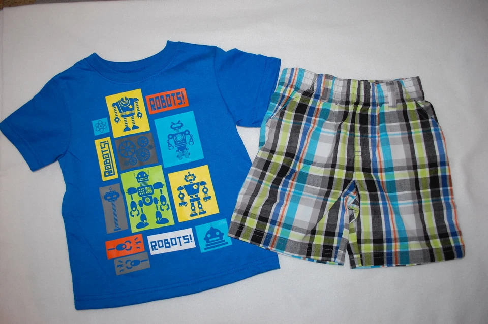 CAMISETA ROBOT AZUL S/S PARA NIÑOS PEQUEÑOS Blanco Negro Lima Turquesa Pantalones Cortos a Cuadros 2T Foto 1 de 2