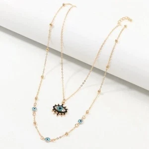 Watchful Evil Eye Gold & Blue Greek Turkish Symbol Double Layered Necklace - Picture 1 of 5