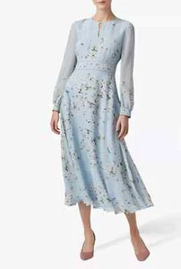 Vestido Hobbs Skye Floral Seda Azul Celeste Talla UK 12 US 8 Manga Larga Azul Claro - Imagen 1 de 14