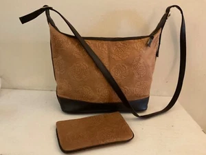 Vintage La Covina Genuine Leather Beige Tan Floral Purse w/matching case 14x9” - Picture 1 of 10
