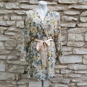 Vintage Cacique Sheer Short Floral Kimono Robe Lingerie Cream Pastel Womens M - Picture 1 of 7