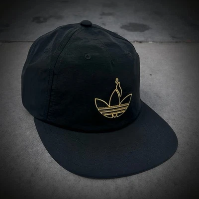 adidas "Trefoil Torch" SnapBack Hat Black/Gold Flat Brim OSFM NWT - Image 1 of 4