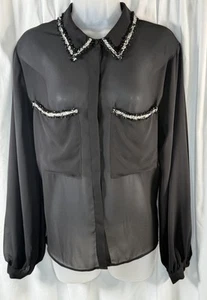 Zara halbtransparentes besticktes Langarmshirt, schwarz, Gr: L, 83-32 - Bild 1 von 18