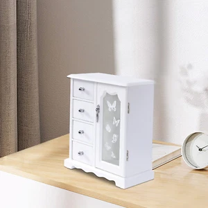 Wooden 4 Drawers Jewelry Box W/ Mirror Storage Organizer Drawers White - Picture 1 of 16