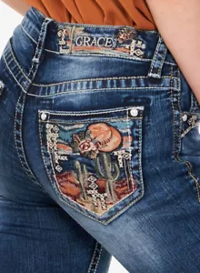 Grace in LA Women's Western Cactus Embroidered Pocket Bootcut Stretch Jeans - Picture 1 of 3