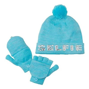 SO Girls Size Small (4-7) Baby Blue Selfie Pom Pom Beanie & Mitten Set NEW $26 - Picture 1 of 1