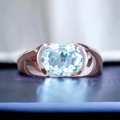 Piedras preciosas de aguamarina con anillo de novio de plata de ley 925 para hombre #BL244 Foto 1 de 4
