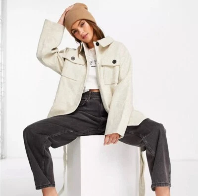 ASOS DESIGN belted shacket coat in cream Size US 2 - Image 1 of 4