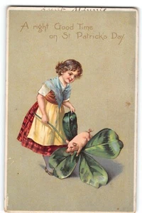 Vintage Postcard "A Right Good Time on St. Patrick's Day" - Girl with Pig on Sha - Picture 1 of 2