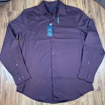Camisa Perry Ellis Para Hombres M Viaje Lujo Vestido Camisa Abotonada Borgoña Elastizada Foto 1 de 4