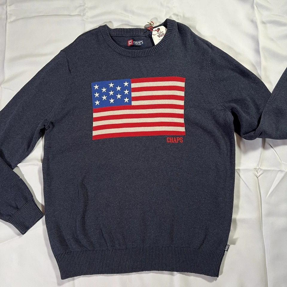 Chaps Sweater Men's Large USA Flag Navy Blue Cotton Crewneck Patriotic