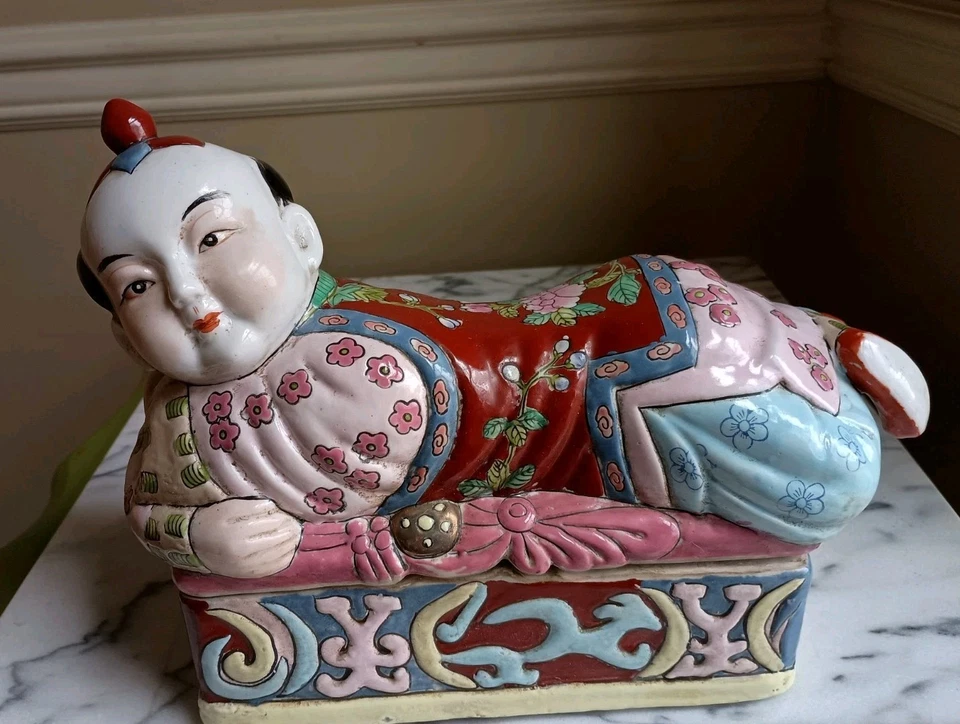 RARO Antigo Pintado à Mão Família Chinesa Rosa Ho-Ho Menino Fronha, Dinastia Qing - Imagem 1 de 4