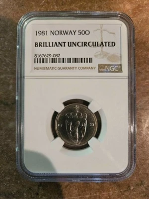 NGC Graded 1981 NORWAY 50 ORE COIN BRILLIANT UNCIRCULATED - NGC Slab - Image 1 of 4