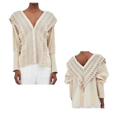 Blusa Camisa Top Cárdigan Zara Crudo Crochet Bohemia Victoriana Cuello en V Talla S Nueva Foto 1 de 4
