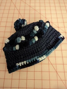 Handmade, Hand Crocheted Baby Bonnet - dark blue with multi color trim - Picture 1 of 1