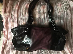 Sondra Roberts Black Patent Purple Suede Shoulder Bag Gorgeous Hobo Shabby Chic - Picture 1 of 10
